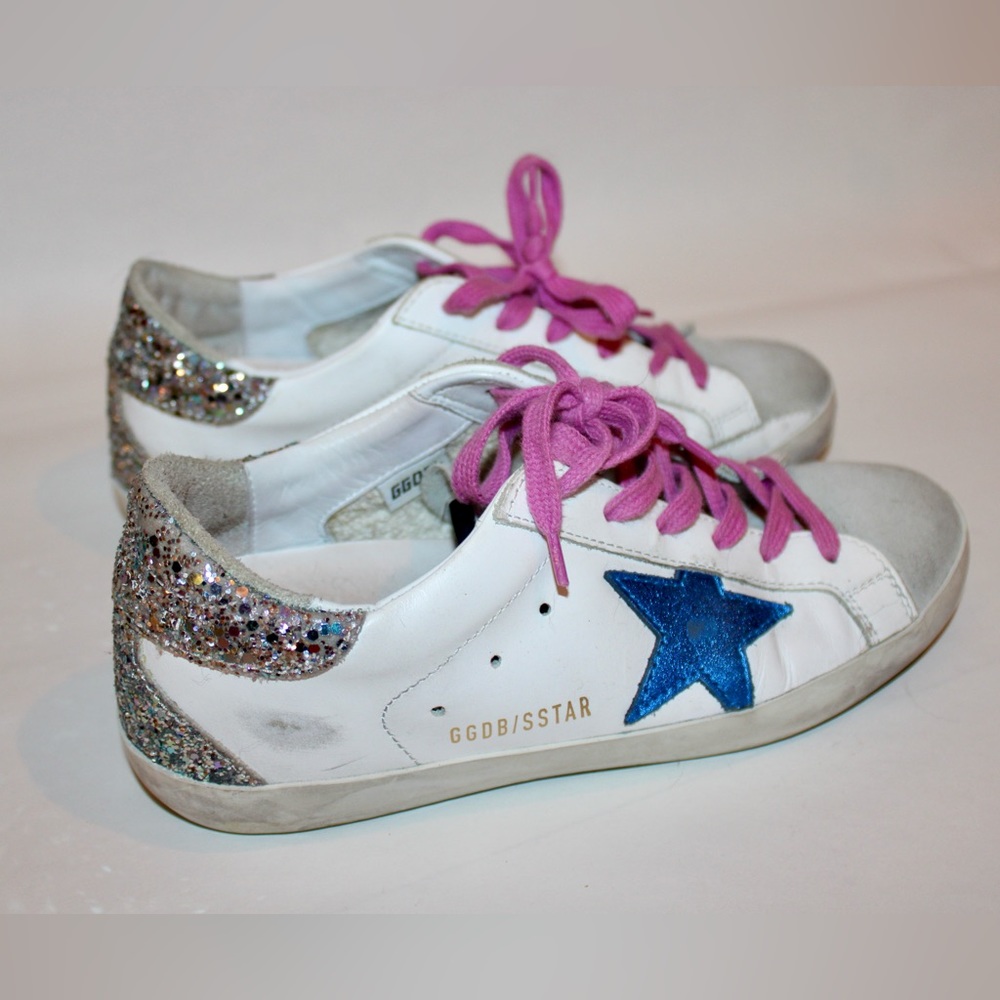 Golden Goose Superstar Sneakers Blue Star and Glittery heel Leather Size 37